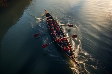 Team Rowing on the Seine River. AI - obrazy, fototapety, plakaty