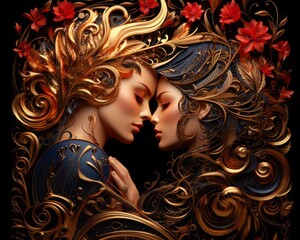 two women are kissing in front of an ornate design on a black background