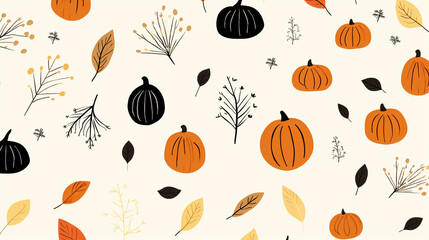 Pumpkin Doodle Background - Minimalist Dried Fall and Autumn Leaves and Branches on Light Cream/Beige Background - Thanksgiving, Halloween Vector Concept - Generative AI