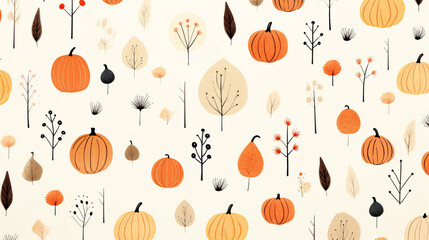 Pumpkin Doodle Background - Minimalist Dried Fall and Autumn Leaves and Branches on Light Cream/Beige Background - Thanksgiving, Halloween Vector Concept - Generative AI