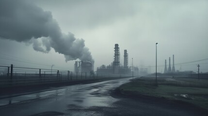 Obraz premium industrial wide landscape with chimneys with thick smoke causing air pollution in a gray smoky sky