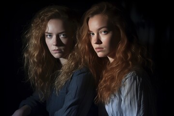 two young women with red hair sitting in a dark room