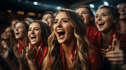 Group of Beautiful woman friends sitting on sofa watching soccer game competition on television together. Happy female soccer fans cheering victory.