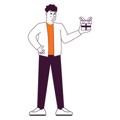 Man holding gift box.Guy giving present.Holiday, birthday celebration. Character doodle sketch style vector illustration.  Man holds out a cardboard box with a gift.Isolated on white background.