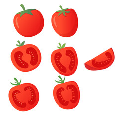 Fresh tomato.Red tomato collection. Vegetables slice and a whole tomato.Organic food. Farm products.Isolated on white background.Vector flat illustration.