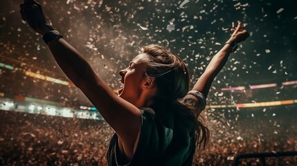 "At the top" - well-deserved victory, ovation from the stadium, confetti, celebration created with Generative AI technology
