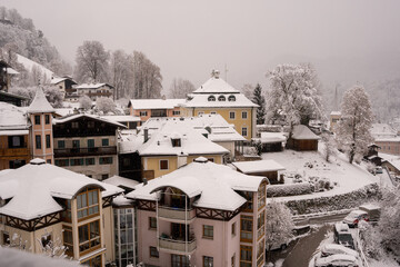 Berchtesgaden historic old town in winter day with snow, Upper Bavaria, Germany