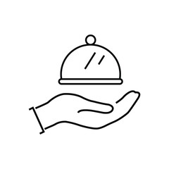 Serving food icon. Sign hand of waiter with serving tray. Waiter serving. Isolated symbol on white background. Vector illustration.