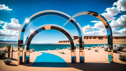 Photo of a massive metal sculpture overlooking a picturesque sandy beach