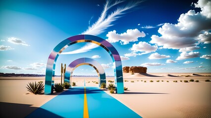 Obraz na płótnie Canvas Photo of a vibrant blue and yellow pathway leading into the vast expanse of a desert landscape