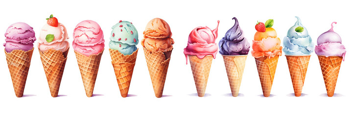 Watercolor set of ice cream in a waffle cone. Hand-drawn illustration isolated on white background. Generative ai.