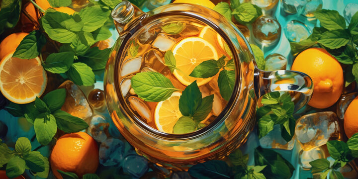 A top-down view of an iced tea pitcher surrounded by fresh mint leaves and sliced citrus fruits. Generative ai.