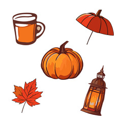 Autumn set in orange colors. Lantern, pumpkin, umbrella, cup, leaf. Fall collection. Elements for design and decoration. Print, icons, stickers. Isolated vector