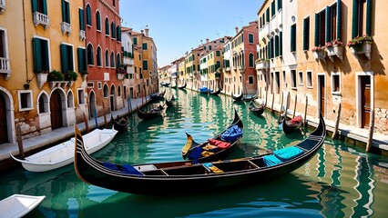 Photo of a picturesque row of gondolas in a Venetian canal, with charming buildings as a backdrop