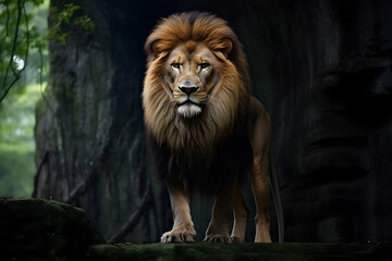 Naklejka premium Jungle King: A fierce lion standing proud in his natural habitat. Generative Ai.