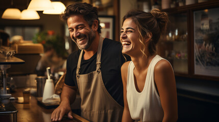 Manager and waitress laughing. Standing in cafe or restaurant. Small business concept.