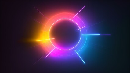 Photo of a vibrant neon circle with rays of light radiating from its center