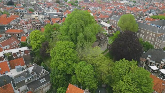 Aerial drone video of the burcht, which is a fortress in Leiden
