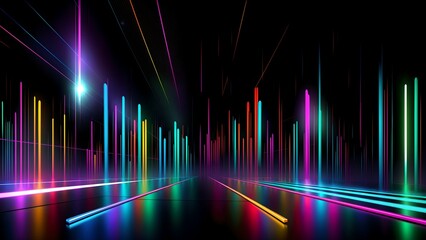 Photo of neon lights illuminating a dark room in an abstract composition