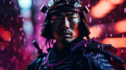 Portrait of a samurai warrior in battle wearing armor and helmet. Dirty bloody stained face. Dramatic cinematic scene. Generative AI