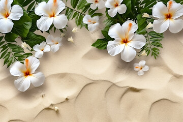 Fototapeta na wymiar Greeting card template with flowers growing on clean sand. Top view, side lighting, copy space.