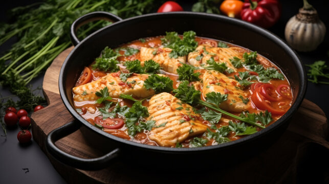 Moqueca baiana - brazilian fish stew of white fish with sweet pepper, lime, chopped tomatoes, coconut milk, served in a black dish with fresh coriander on a dark wooden table, top view, copy space
