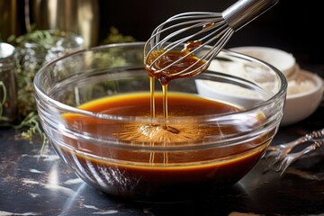 whisking sauce ingredients in a mixing bowl