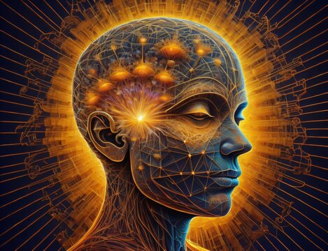 Picture illustrating an amalgamation of human profile and fractal elements, representing ideas related to technological advancements, science, and education. Created with generative AI tools