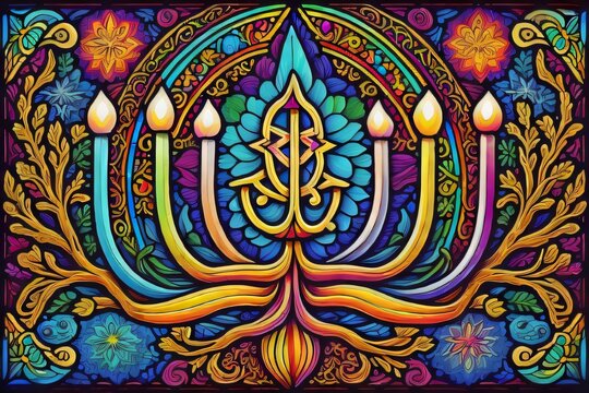 Image of a Hanukkah menorah emblem composed of colored stained glass, appropriate for Jewish holiday Hanukkah greeting cards. Created with generative AI tools