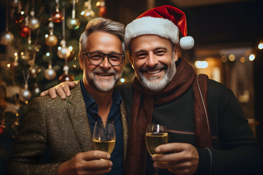 Smiling Mature Gay Men Couple Enjoying Wine at Evening Christmas Party in Front of Holiday Tree