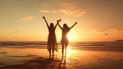 Fototapeta na wymiar silhouette of womans having fun on the sea beach