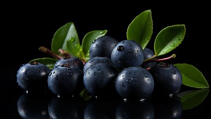 Blueberries on a black background. Beautiful berries on glass. With green leaves.