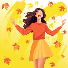 Vector illustration in cartoon style with watercolor strokes. A pretty young woman in a warm sweater and fashionable box skirt catches falling yellow autumn leaves with her hands.

