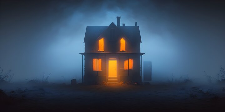 desolate creepy old house with the windows and door illuminated by orange light in the middle of a barren valley on a foggy night
