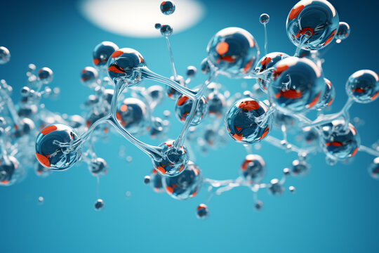 Science concept. Round water molecules connected with each other. Light blue color. Microscopic view. Generative AI
