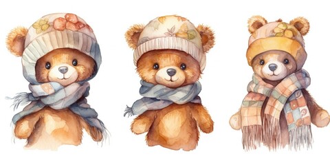 Watercolor illustration of three plush teddy bears in warm hats and scarf