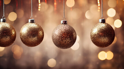 Christmas ornaments against shiny background. Glittering New Year golden decorations. Shiny gold christmas balls on bokeh background, copy space for text for greetings. Winter holiday banner