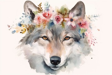 Watercolor illustration of wolf surrounded by flowers and splashes of watercolor paint