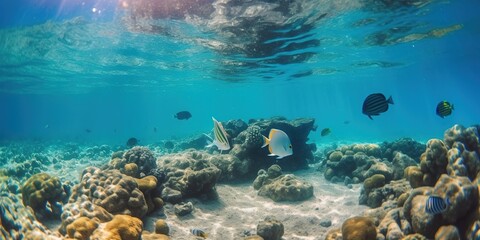 tropical fishes and coral reefs in the water
