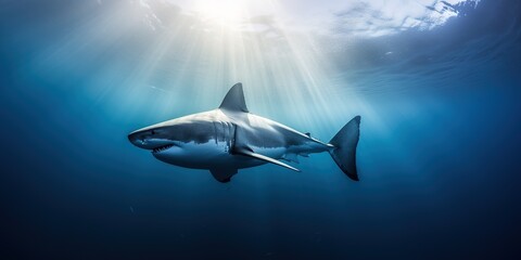 Fototapeta premium big white shark swimming in the ocean water near the surface