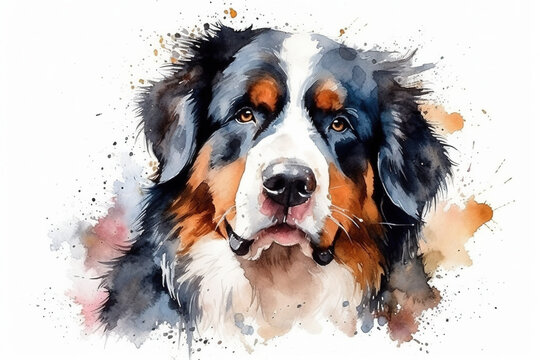 Watercolor illustration of bernese mountain dog portrait with drops and splashes of watercolor paint