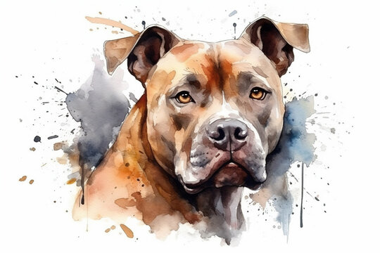 Watercolor illustration of boxer dog portrait with drops and splashes of watercolor paint