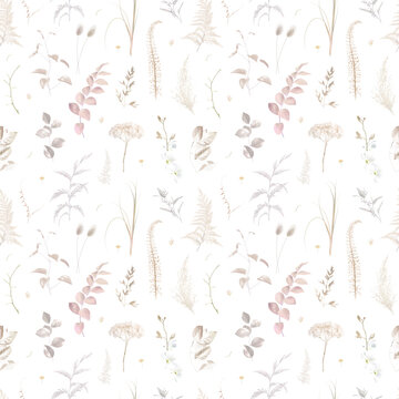 Boho beige and blush trendy vector design seamless print. Pastel pampas grass, ivory hydrangea, creamy orchid