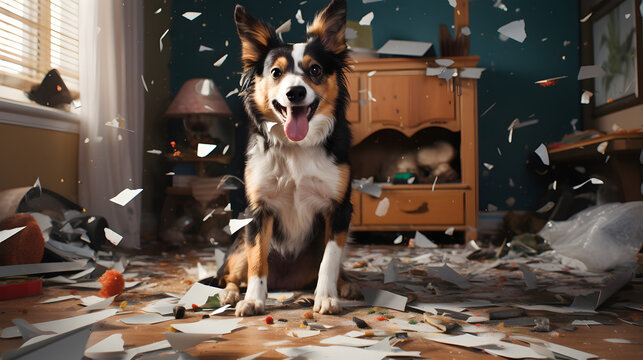 happy dog messing up the living room, the room's a mess and the furniture's a mess, Generative AI