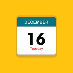 tuesday 16 december icon with yellow background, calender icon