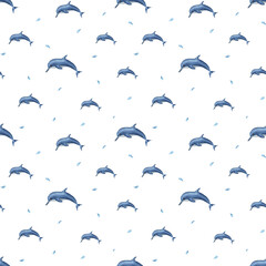 Watercolor underwater seamless pattern of swimming dolphins. Illustration isolated on transparent background. Simple print for design, background, menus, fabric, textile, wrapping.