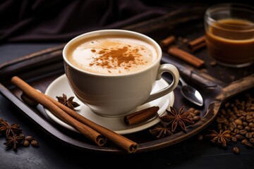 steaming chai latte with cinnamon stick garnish