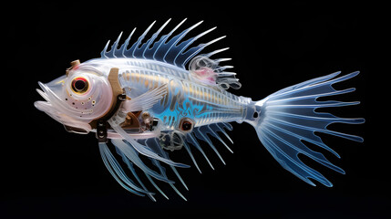 Bionic marine fish, on a dark background, Generative AI