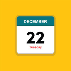 tuesday 22 december icon with yellow background, calender icon
