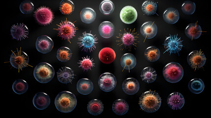 collection of viruses and bacteria on a dark background, colorful colors, Generative AI